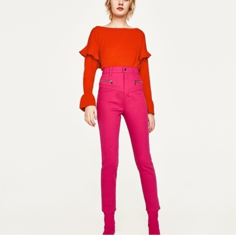Zara Women’s Red Orange Bell Sleeves Ruffle Knit Long Sleeve Flounce Sweater - Picture 5 of 15